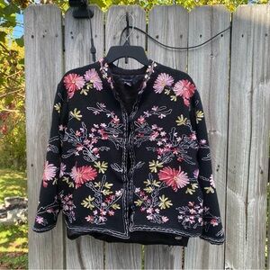 Boston Proper Acrylic Wool Blend Black Jacket with Colorful Floral Embroidery M